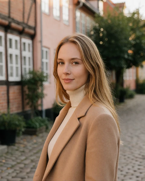 Danish woman in a camel coat on a cobbled lane of pastel houses in the old town of Odense on Funen