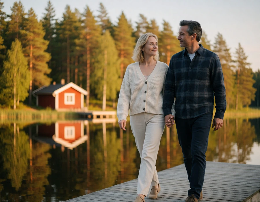 International couple walking a wooden jetty beside a calm lake and red cottage in Finland's Lakeland region at golden hour