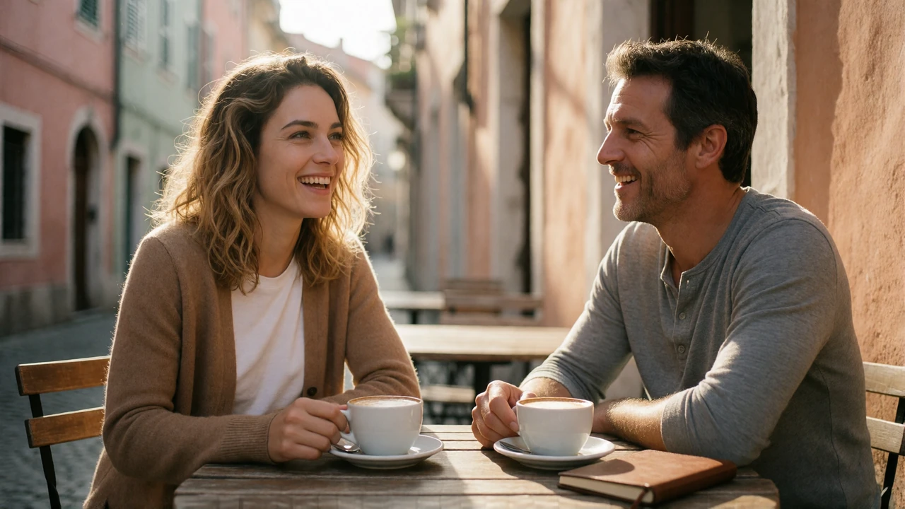 European woman and a man talking over coffee at an outdoor European cafe table, illustrating unpretentious connection in dating culture in Europe