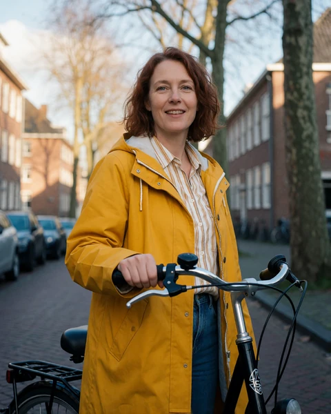 Dutch woman in a mustard raincoat holding a city bicycle on a quiet street in Groningen
