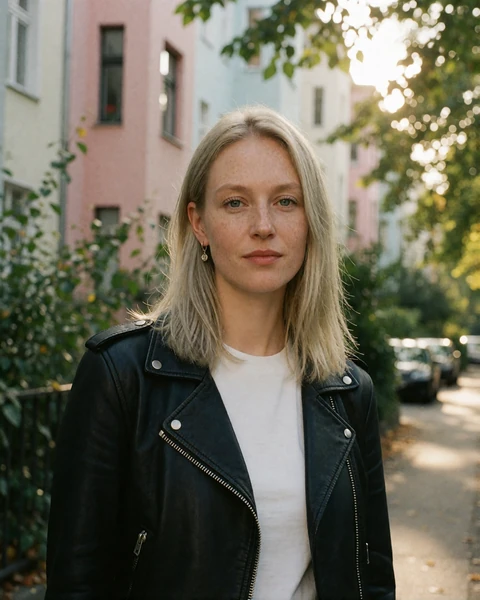 German woman in a black leather jacket on a leafy Berlin Prenzlauer Berg street with pastel Altbau facades behind her