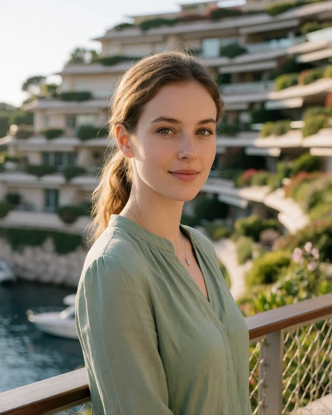 Woman in a sage green blouse beside a railing in the Fontvieille district of Monaco