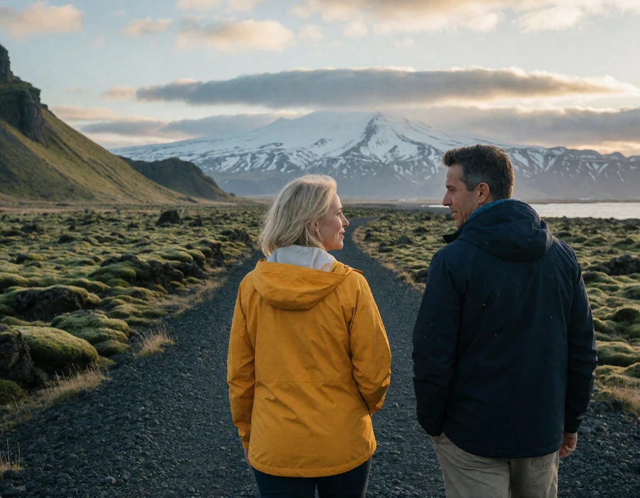 International couple walking a coastal path on the Snaefellsnes Peninsula in western Iceland at golden hour