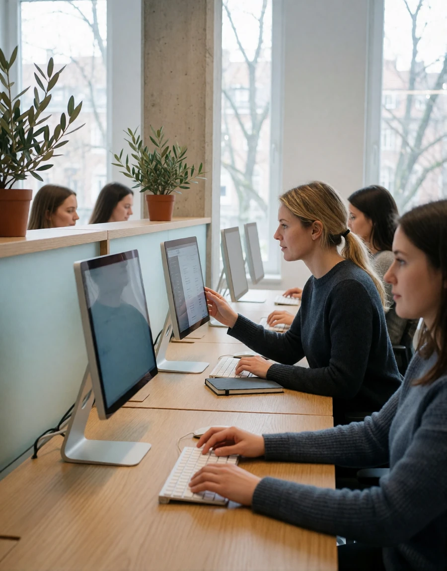 EuroPassions member services workspace with staff reviewing member accounts at desks in a bright modern office