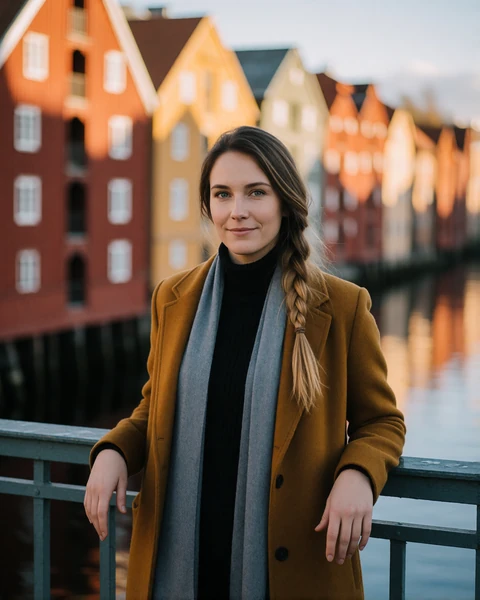 Norwegian woman in a mustard wool coat on the old town bridge above the Nidelva river in Trondheim