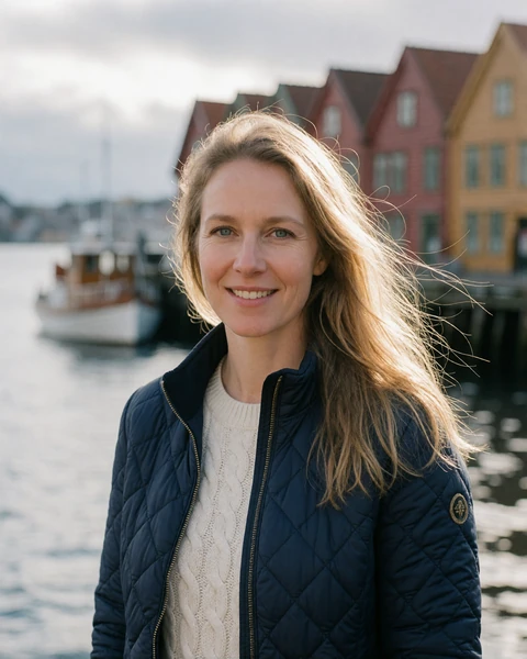 Norwegian woman in a navy jacket by the Bryggen wharf in Bergen, representing Norwegian dating on EuroPassions