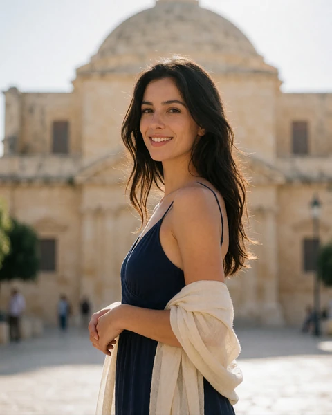 Maltese woman in a navy summer dress in a sunlit square in Mosta with the domed church behind her