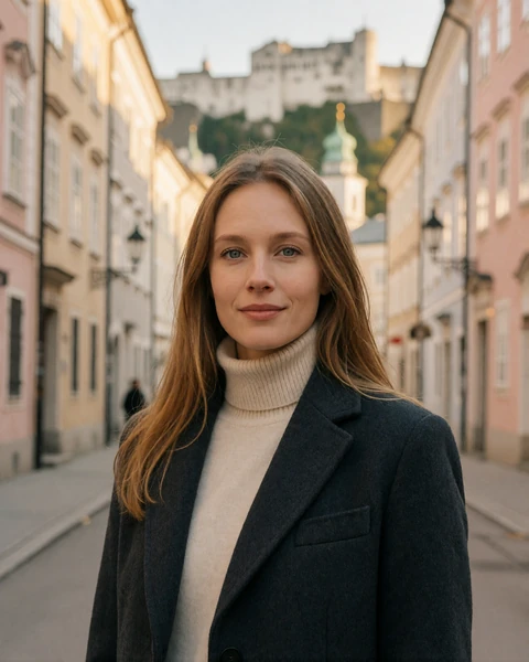 Austrian woman in a cream turtleneck and charcoal jacket on a lane in Salzburg old town