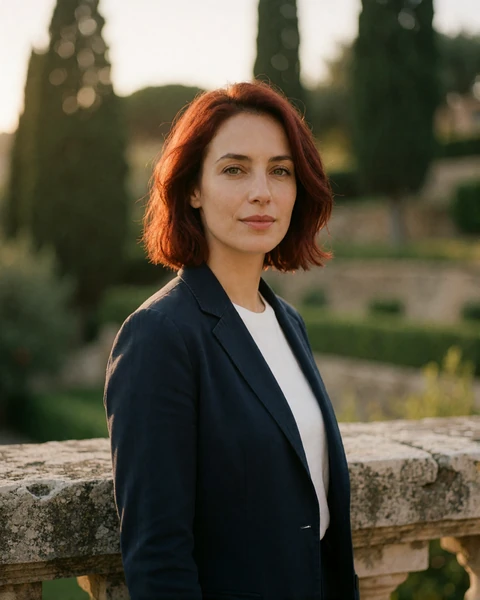 Italian woman in a navy blazer beside a stone balustrade with cypress trees in Tivoli, Lazio
