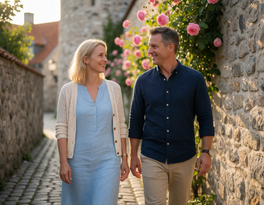 International couple walking together along a cobbled lane beside medieval limestone walls in Visby, Gotland