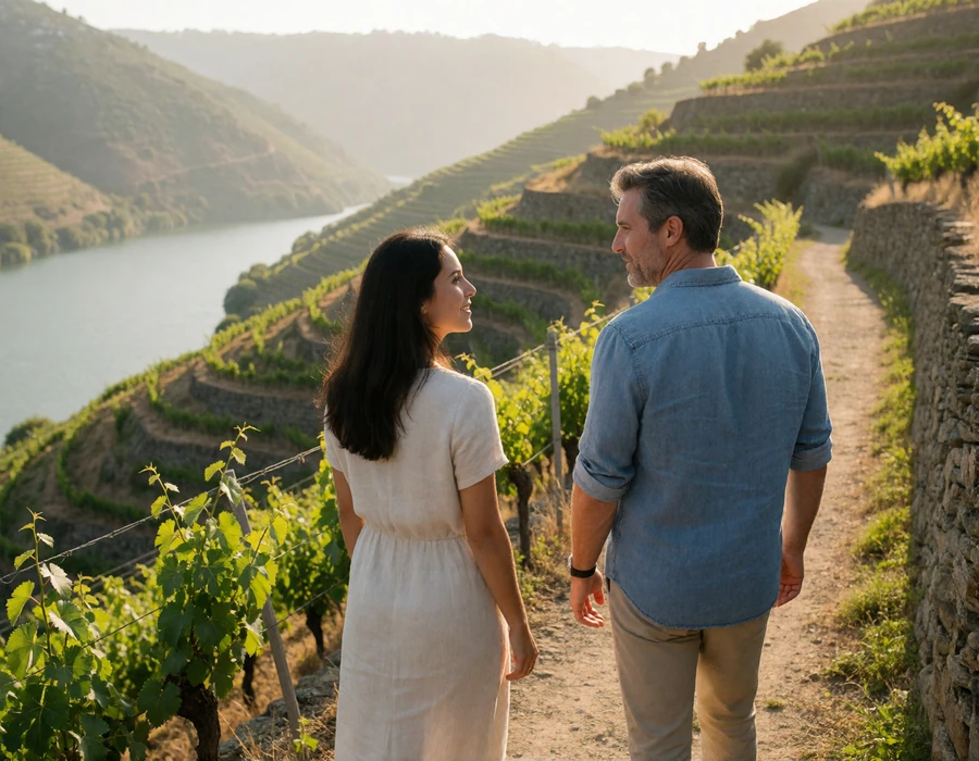 International couple walking a vineyard path in the terraced Douro Valley above the river in northern Portugal