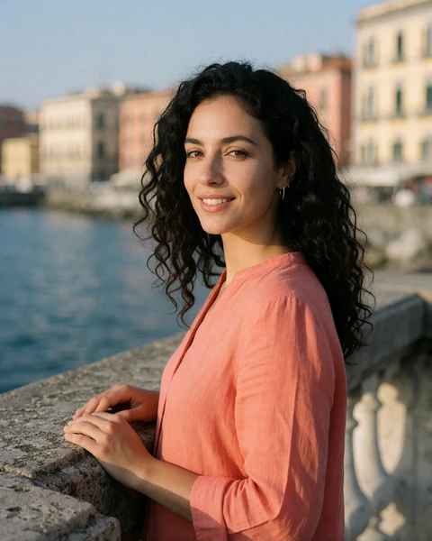 Italian woman in a coral linen blouse on the Naples waterfront with the Gulf of Naples behind her