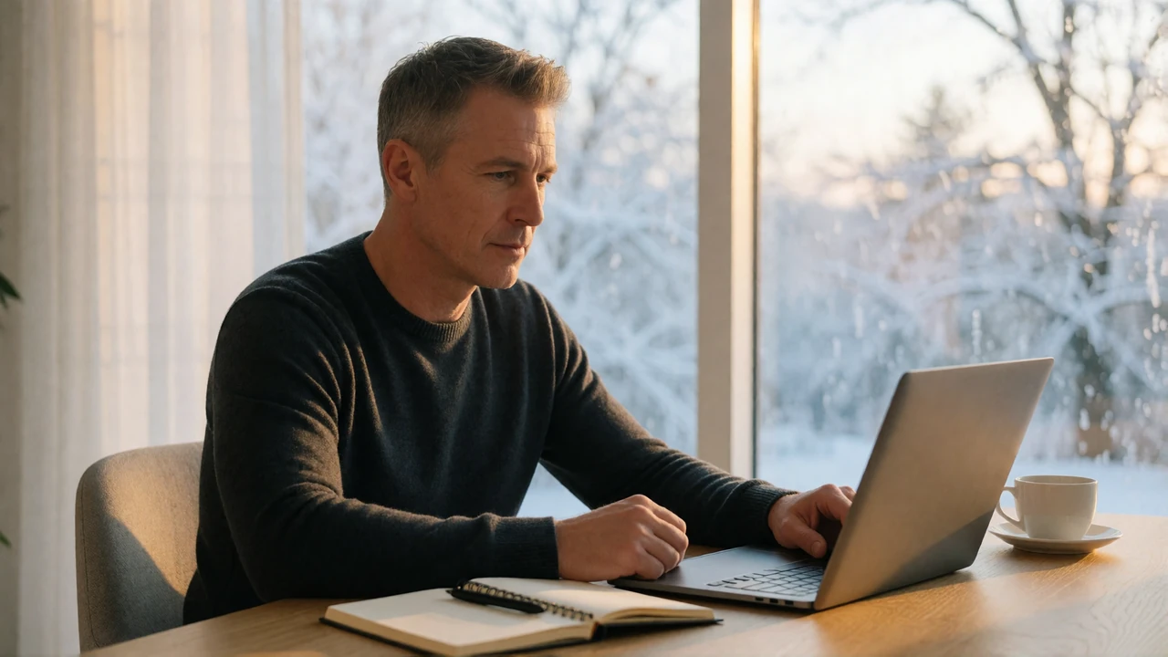 American man at a bright home desk carefully reviewing an online dating profile on his laptop before replying