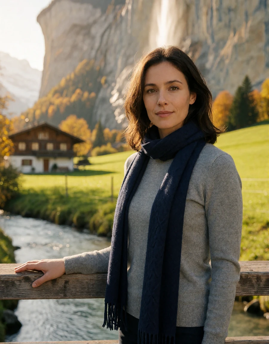 Swiss woman in a gray merino sweater on a wooden footbridge in the Lauterbrunnen Valley, a EuroPassions Swiss dating member portrait