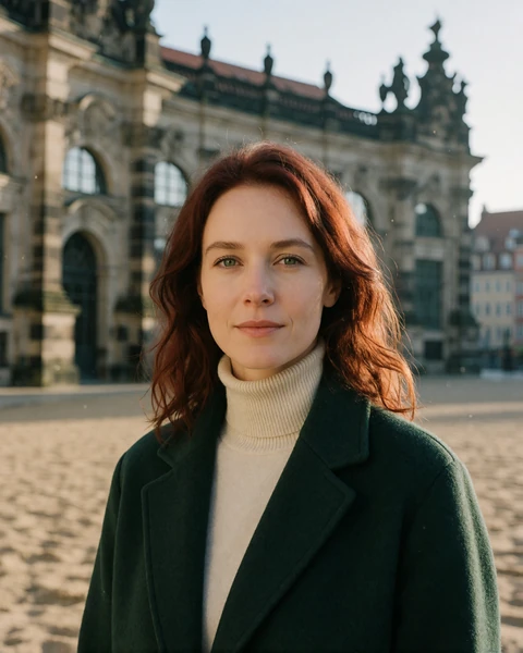 German woman in a forest green wool coat standing before the sandstone baroque architecture of Dresden old town