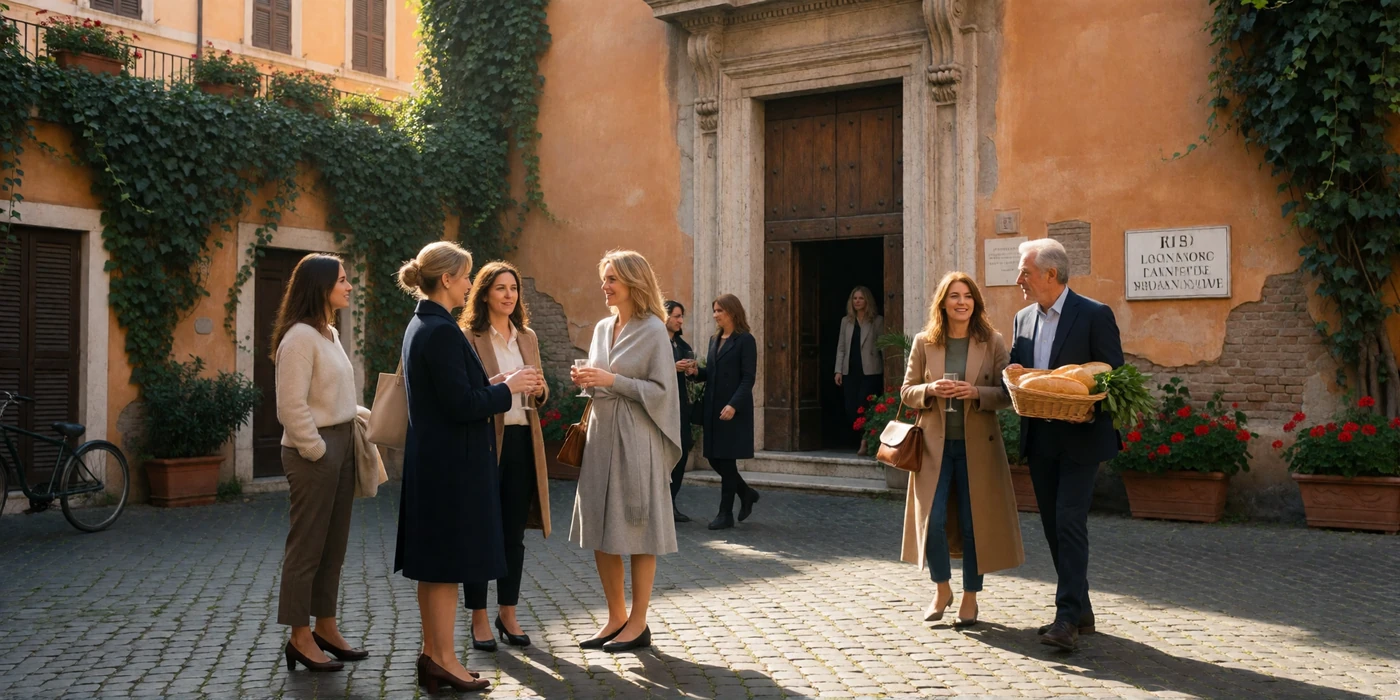 Sunday morning in a Trastevere square in Rome with neighbors meeting outside an old church facade in warm morning light