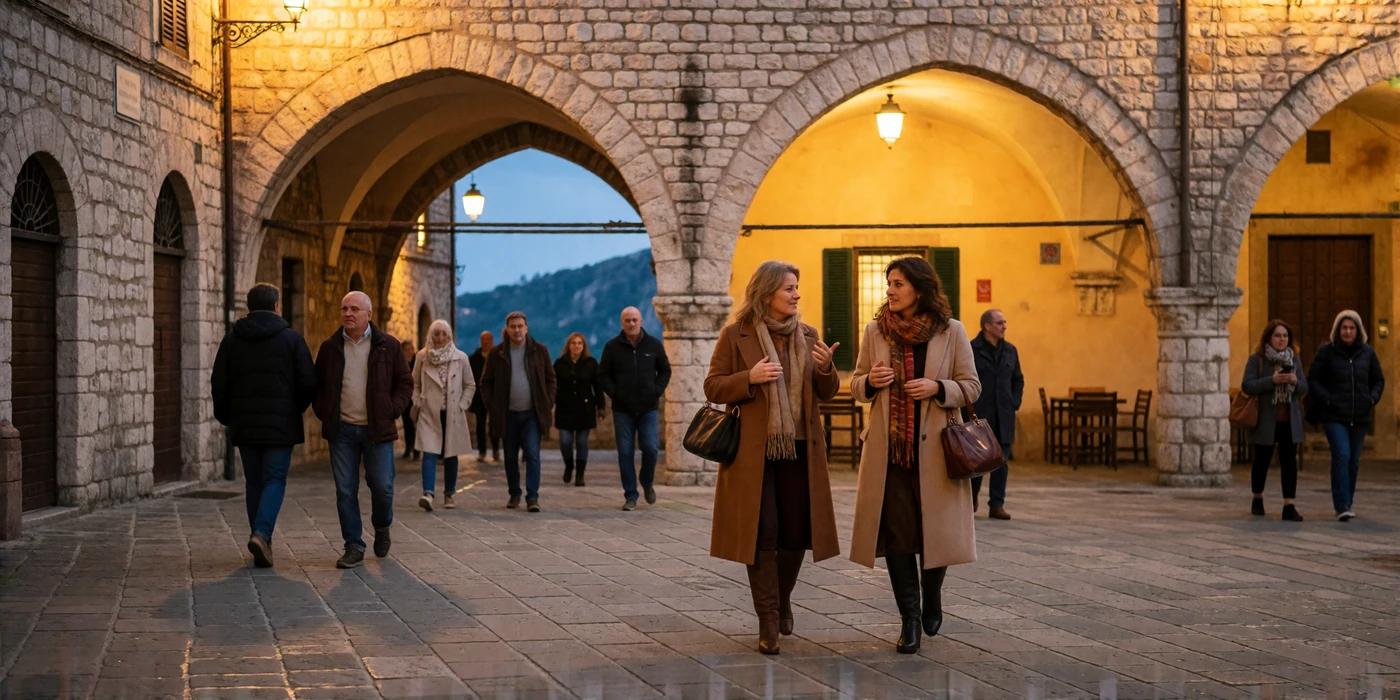 Evening passeggiata through the stone piazza of San Marino's historic center, illustrating community courtship traditions