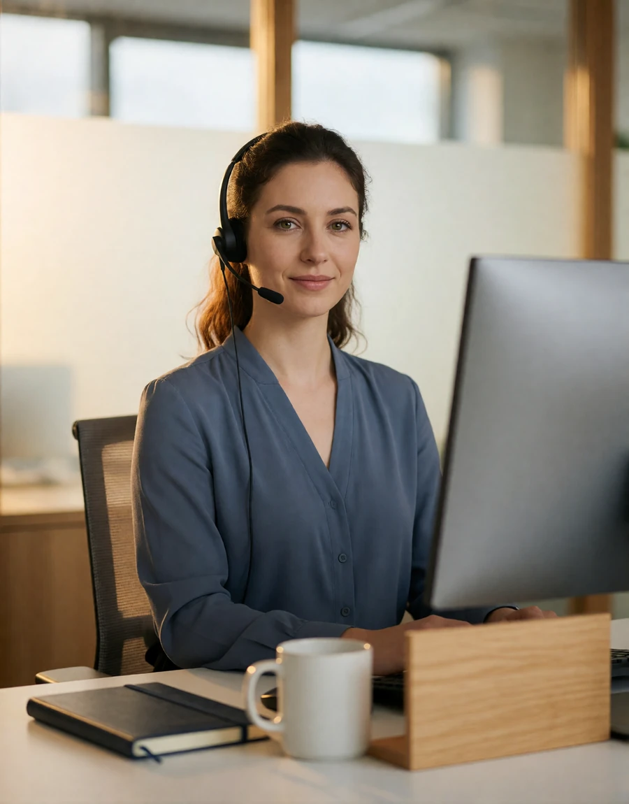 EuroPassions member support specialist wearing a headset at a customer service desk in a bright modern office