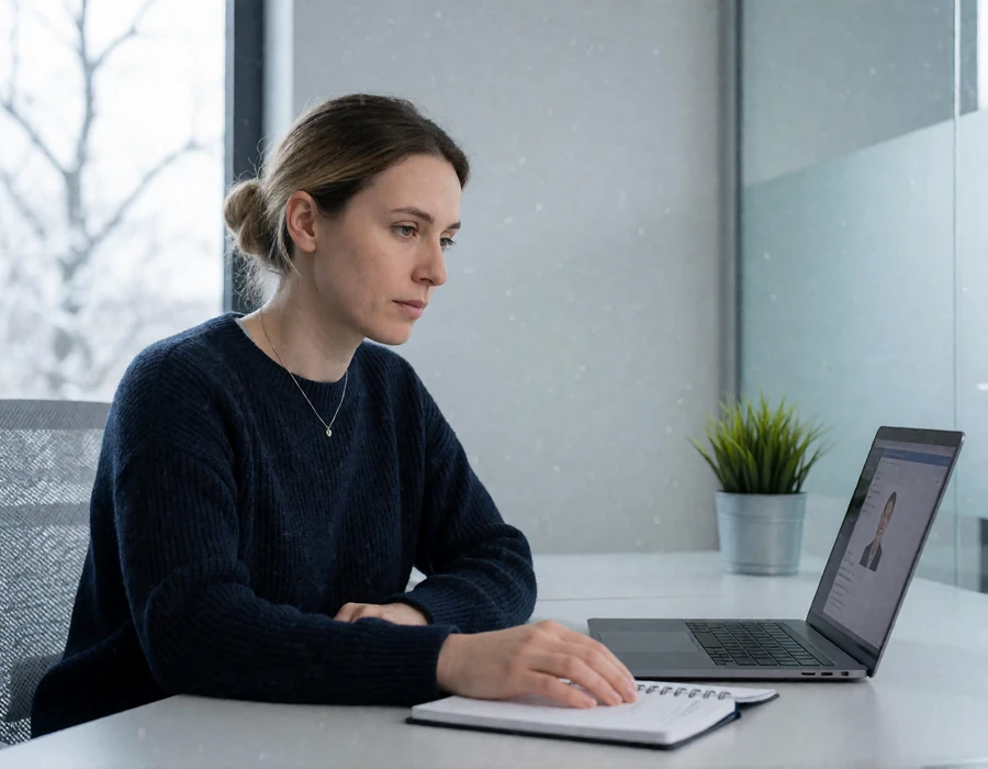 Trust and safety specialist reviewing a EuroPassions identity verification case in a bright modern office
