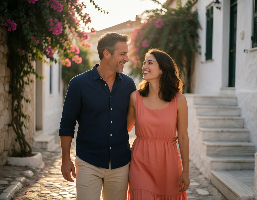 American man and his Greek partner walking together along a cobbled lane in a historic Athens neighborhood