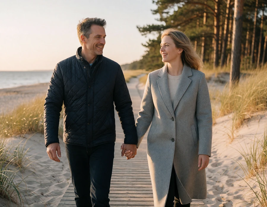 American man and his Latvian wife walking hand in hand on the Jurmala beach boardwalk at golden hour