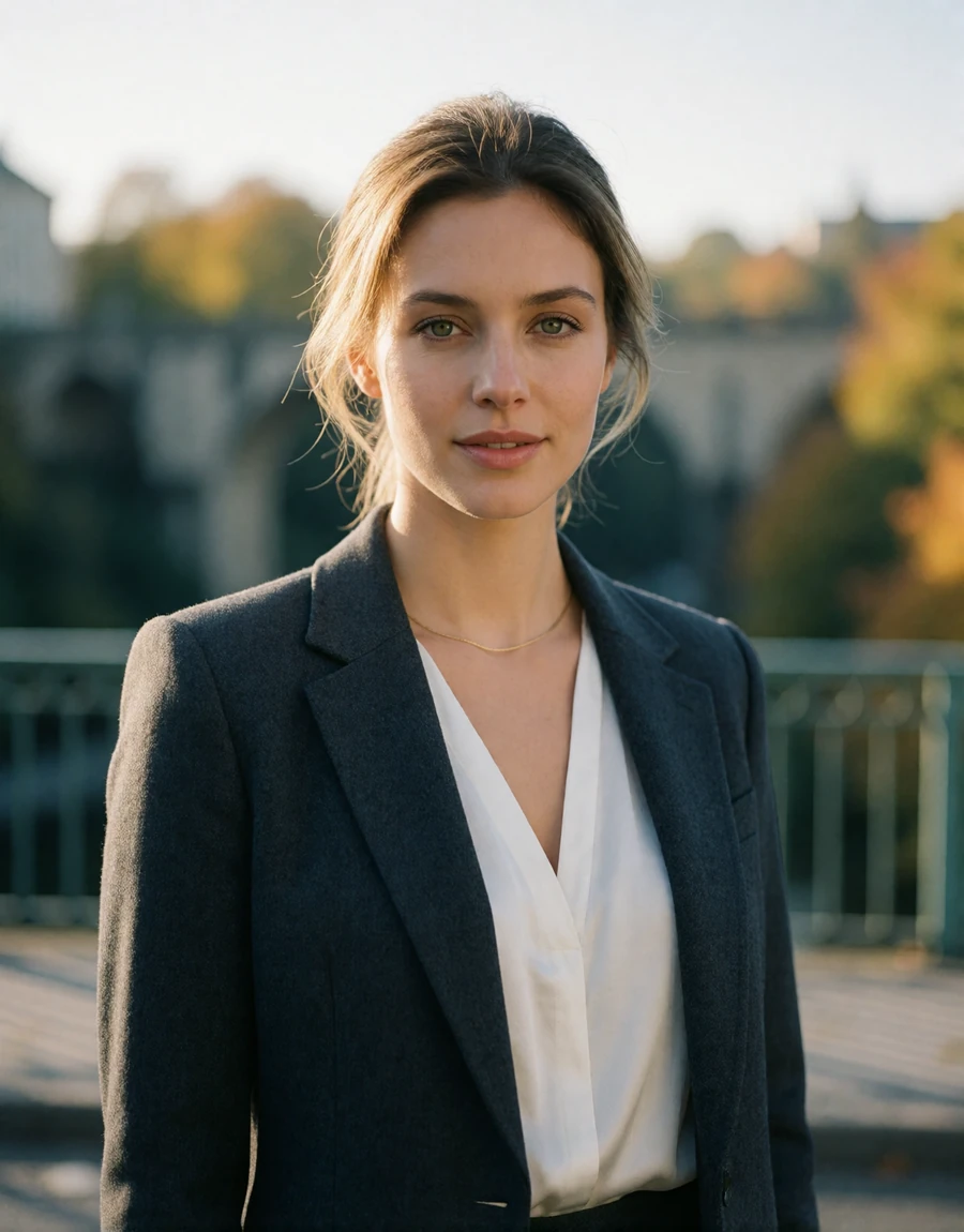 Woman in a charcoal blazer standing on the Adolphe Bridge walkway in Luxembourg City at golden hour, a EuroPassions Luxembourg dating member portrait