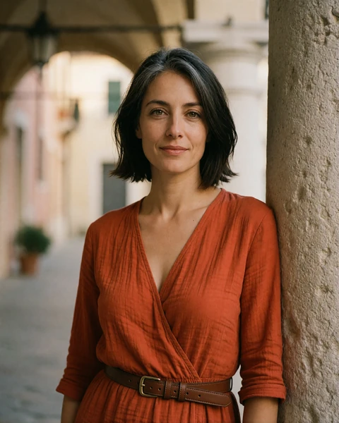 Francesca, 45, from Pesaro in the Marche region, standing under a stone arcade in the historic center