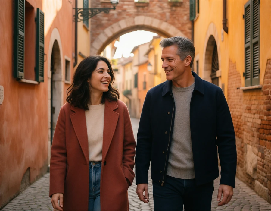 International couple walking together along a cobbled street lined with medieval facades in Verona, Italy
