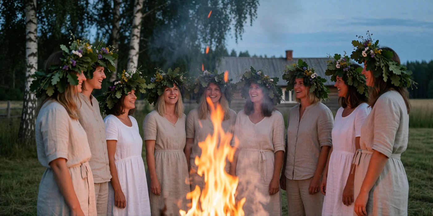 Latvian midsummer Jani celebration in the countryside with people in flower wreaths gathered around a bonfire at dusk