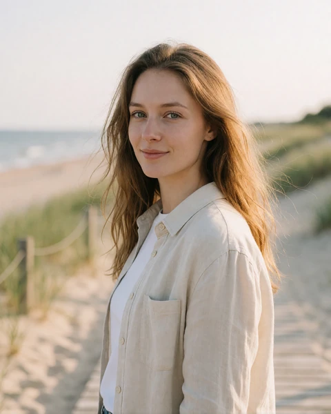 Estonian woman in a cream linen shirt on a wooden boardwalk at Parnu beach on the Baltic coast