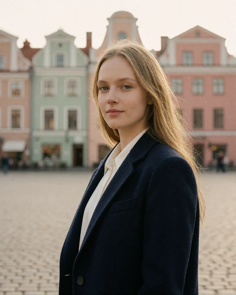 Latvian woman in a navy blazer on a cobbled square in Riga old town, EuroPassions member profile portrait