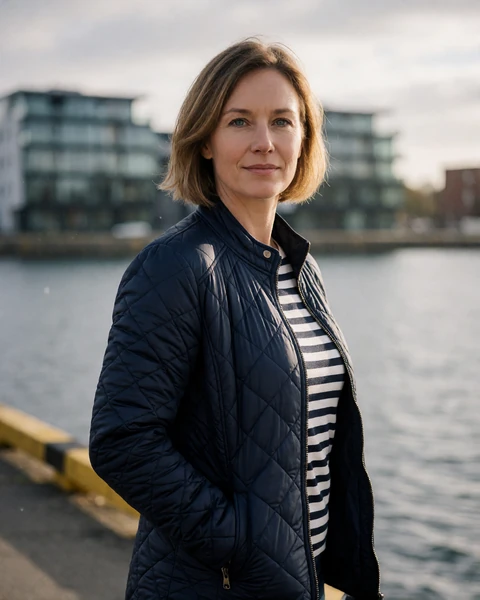 Danish woman in a navy jacket on the Limfjord waterfront promenade in Aalborg, North Jutland
