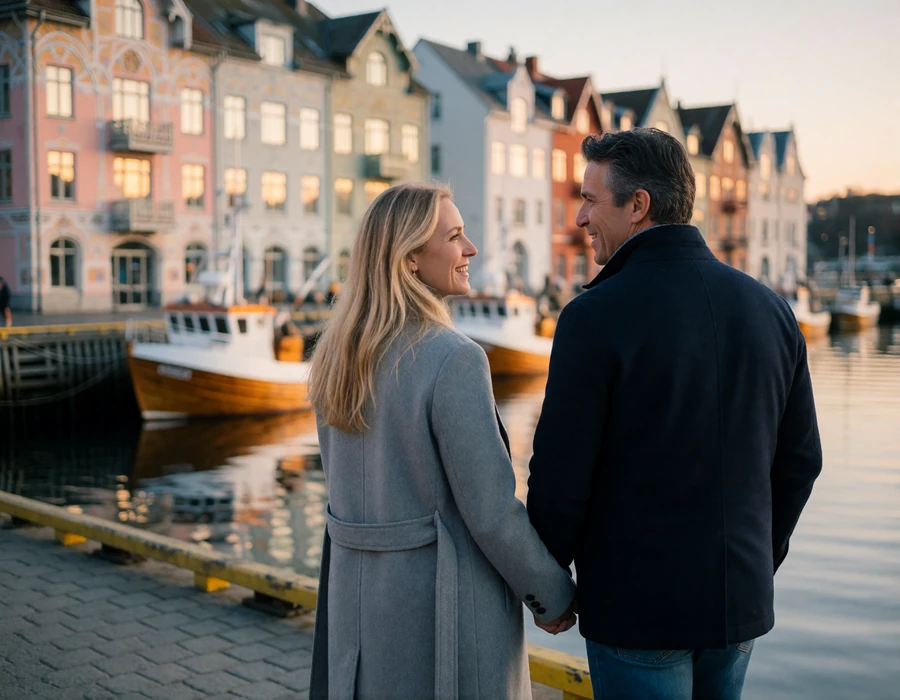 International couple walking along the art nouveau waterfront promenade in Alesund, Norway, at golden hour