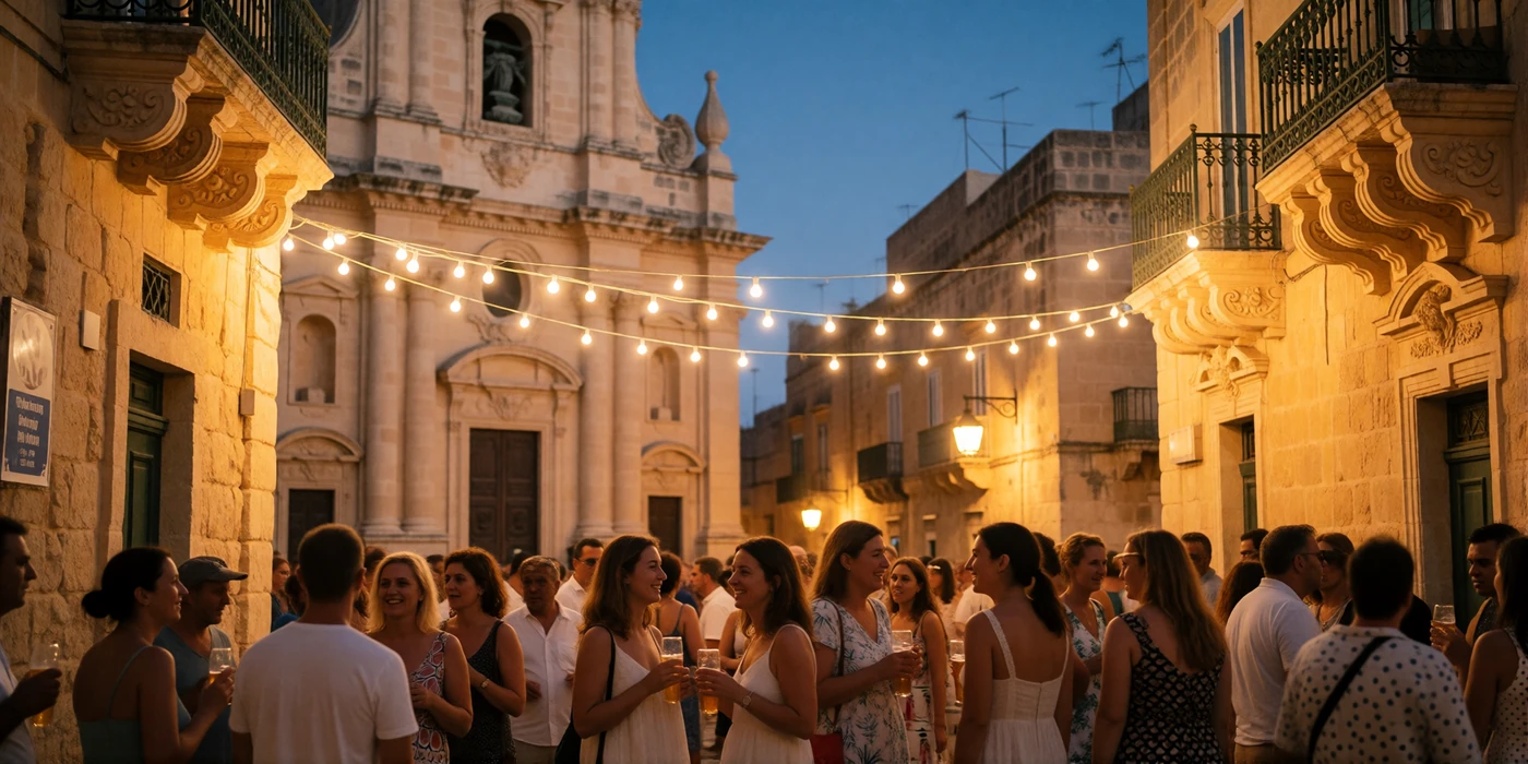 Villagers gathered under warm string lights in a limestone square in Mdina during a Maltese summer village feast
