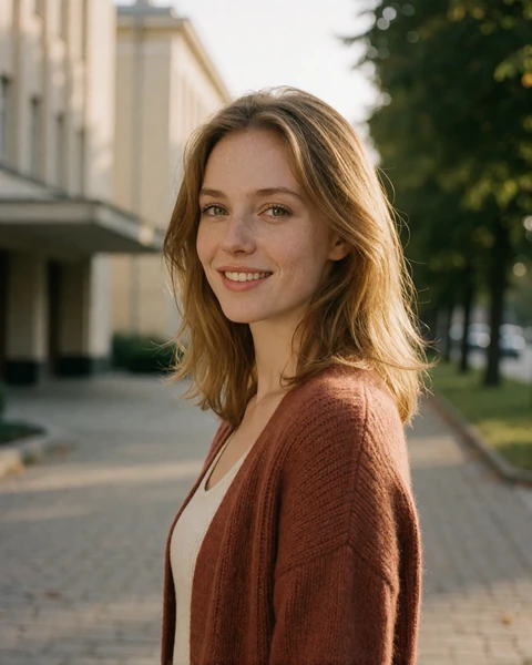 Lithuanian woman in a rust cardigan on Laisves Aleja in Kaunas with interwar architecture behind