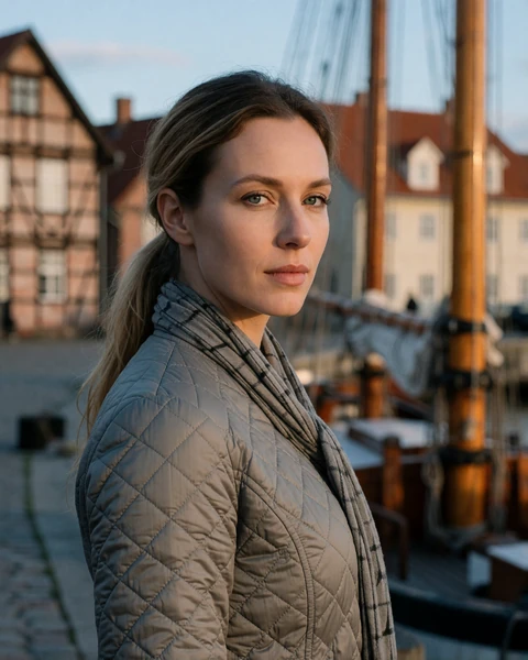 Lithuanian woman in a stone-grey jacket on the harbor promenade in Klaipeda