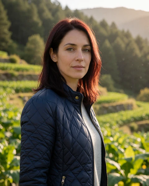 Andorran woman in a navy quilted jacket beside a terraced field above Sant Julia de Loria