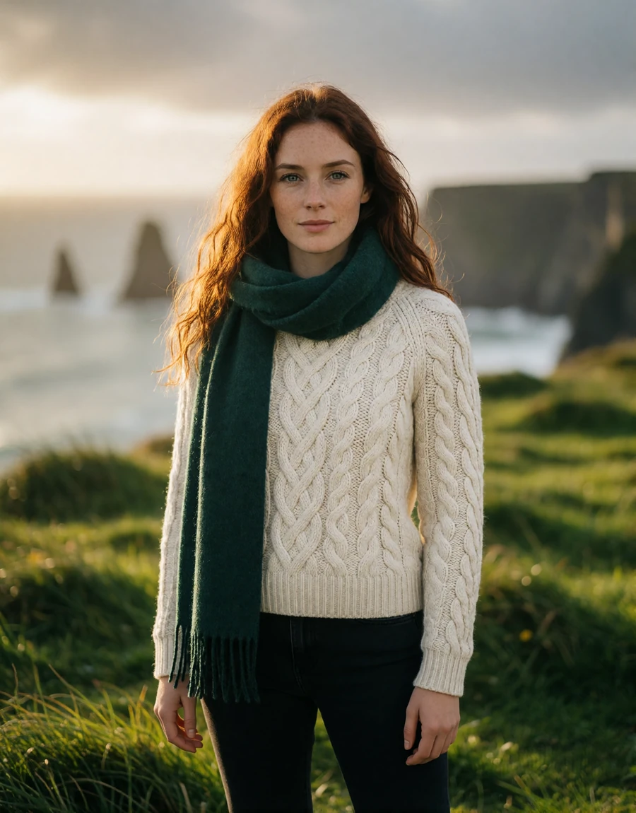 Irish woman in a cream Aran sweater on green Atlantic clifftops, a EuroPassions Irish dating member portrait
