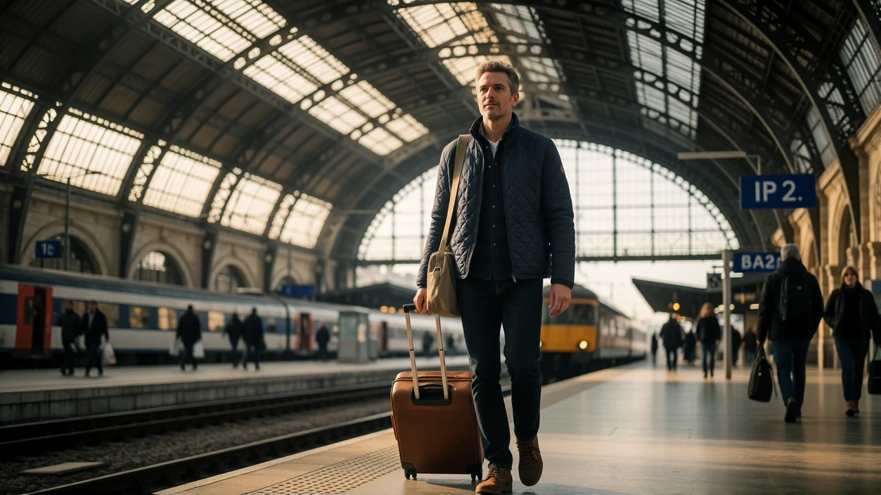 Man in his forties arriving with luggage at a European railway station platform for a first in-person visit