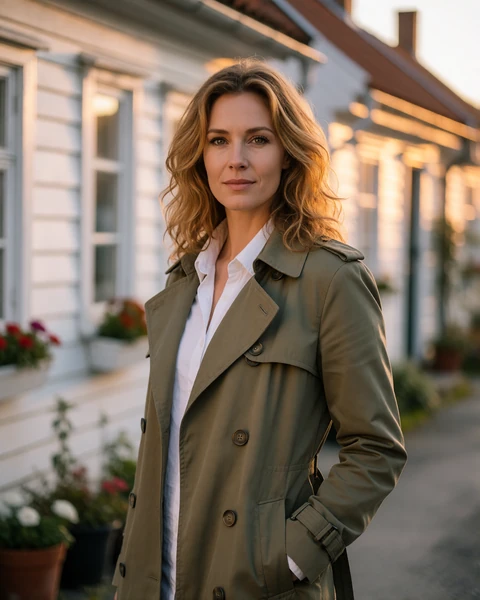 Norwegian woman in an olive trench coat on a lane of white wooden cottages in Gamle Stavanger old town
