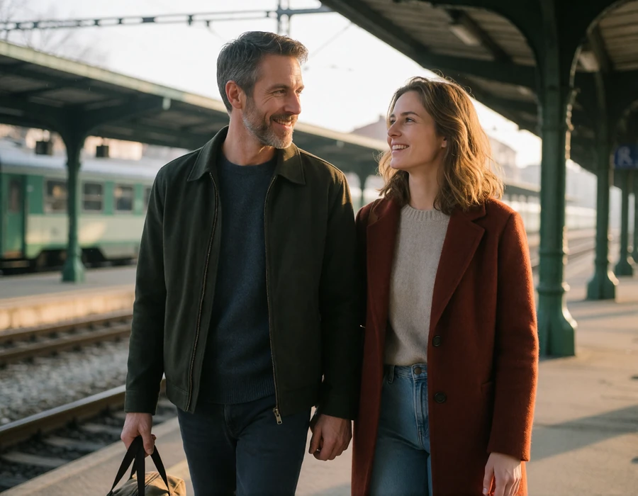 American man and European woman meeting on a railway platform in Slovenia, an illustrative EuroPassions relationship journey