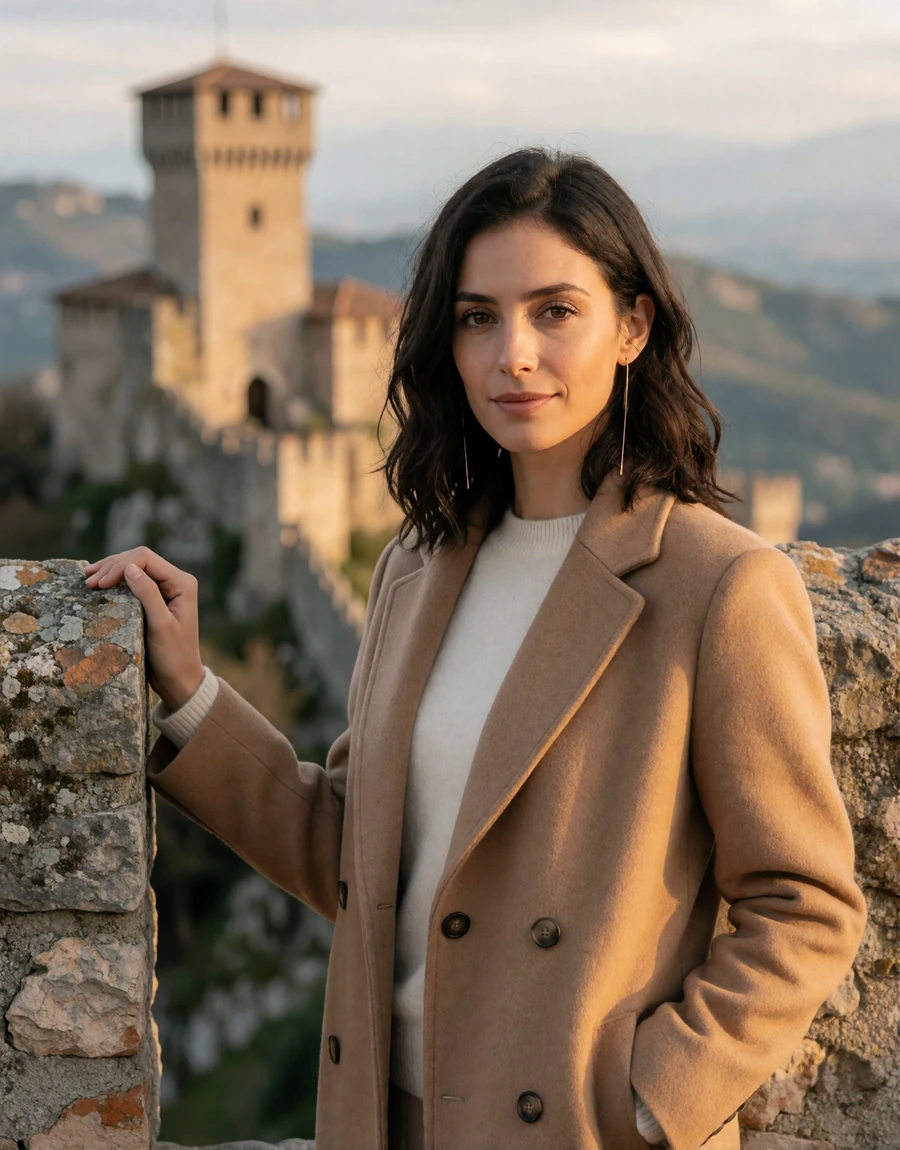 San Marinese woman in a camel coat on a stone terrace below the Guaita fortress tower on Monte Titano, a EuroPassions member portrait