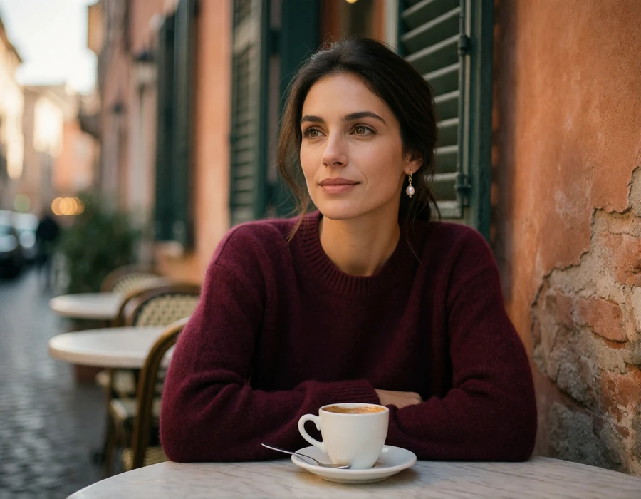 Italian woman in a burgundy sweater sitting at a marble cafe table on a Roman side street with an espresso