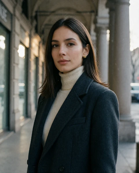 Italian woman in a charcoal wool coat on an elegant Milan street with neoclassical facades behind her