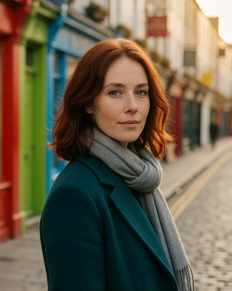 Irish woman in a teal wool coat on a cobbled Galway street with painted shopfronts
