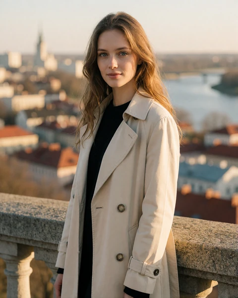 Lithuanian woman in a cream trench coat at the Aleksotas hill viewpoint above Kaunas