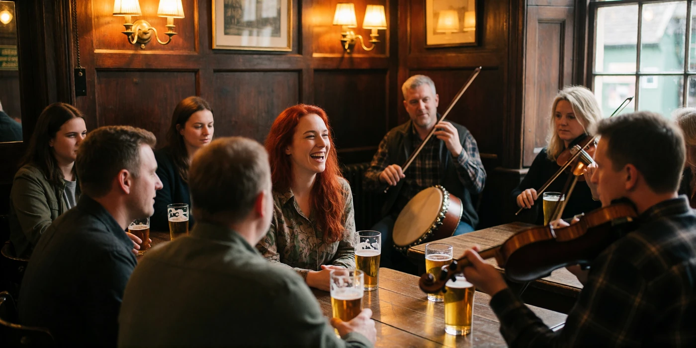 Friends and family gathered for live traditional music in a warmly lit Irish village pub