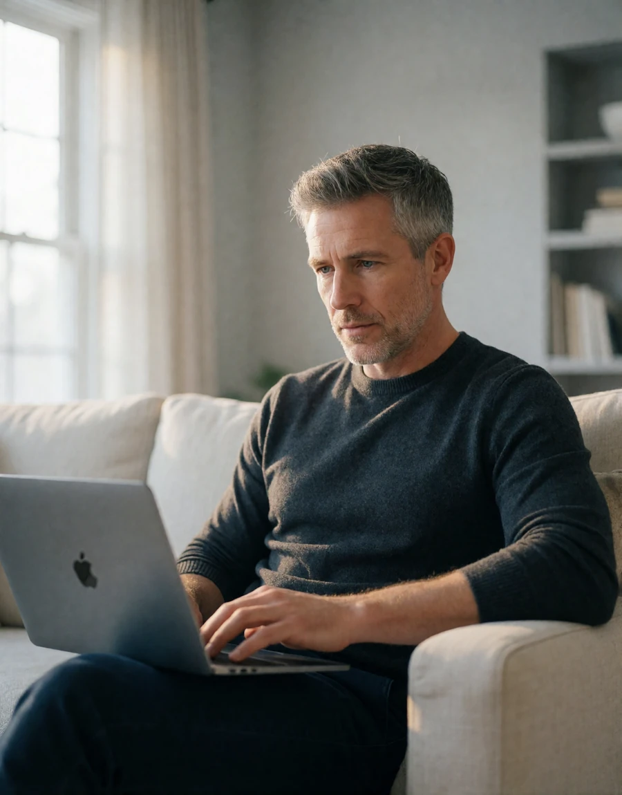 American man reading EuroPassions platform information on a laptop at home before creating a free account