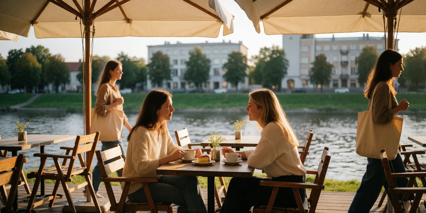 Riverside cafe terrace in Kaunas where locals meet over coffee on a warm afternoon, showing everyday Lithuanian dating culture
