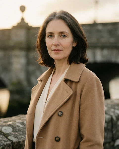 Irish woman in a camel trench coat near a limestone bridge over the River Shannon in Limerick